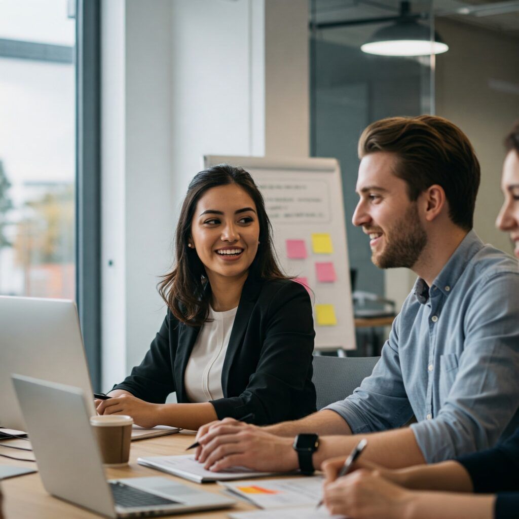 Un grupo diverso de profesionales trabajando juntos en una oficina moderna y luminosa