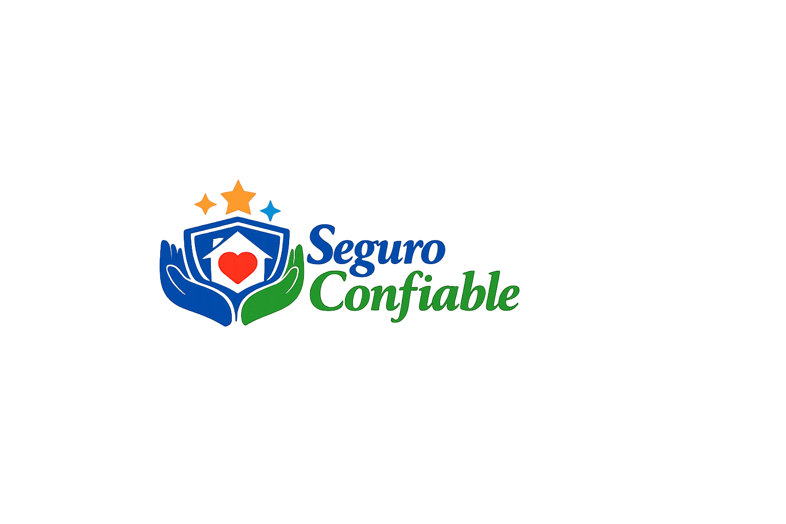 Logo de Seguro Confiable en formato horizontal. A la izquierda, un escudo azul con una casa blanca en el centro y un corazón rojo dentro de la casa. El escudo está sostenido por dos manos: la mano izquierda en azul y la derecha en verde, transmitiendo protección y confianza. Sobre el escudo aparecen tres estrellas: una estrella naranja más grande en el centro, una estrella amarilla más pequeña a la izquierda y una estrella celeste a la derecha. A la derecha del escudo, el nombre de la empresa "Seguro Confiable" está escrito en tipografía moderna; la palabra "Seguro" en azul y la palabra "Confiable" en verde. El diseño está en fondo transparente, pensado para uso digital y web.